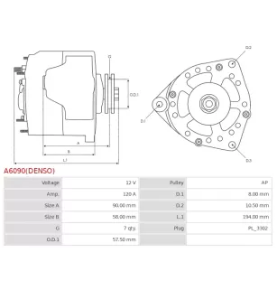 Alternateur 12V 120Amp DELCO DRA0436, DENSO 101211-7630, 101211-7631, 101211-7632, 101211-7633