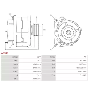 Alternateur 12V 130A Denso A6300 UD11508A