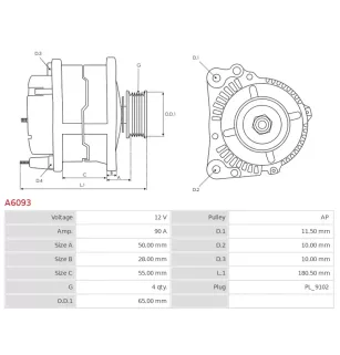 Alternateur 12V 90Amp AS-PL A6093, BOSCH 0986080630, CARGO 111193, CHRYSLER 04557301, 05234028
