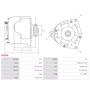 Alternateur 12V 80Amp AS-PL A6098, CARGO 112101, DELCO DRA4108, DENSO 101211-5460, HELLA 8EL737652-001