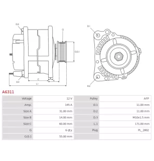 Alternateur 12V 145A Denso A6311 UD11519A