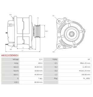 Alternateur 12V 100A Toyota UD808800 DRA0659