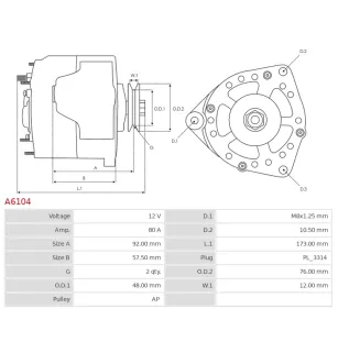 Alternateur 12V 80Amp AS-PL A6104, CARGO 112356, DELCO DRA3517, DENSO 101211-5260, 101211-5261