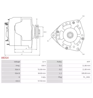 Alternateur 12V 150Amp AS-PL A6314, UD11495A, CARGO 115527 , CHRYSLER 56044672AA, 56044672AB, DELCO 12668, DRA0168