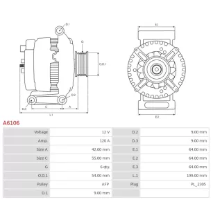 Alternateur 12V 120Amp AS-PL A6106, DENSO 101210-1700, DAN1086, FIAT 51880173, 51880175