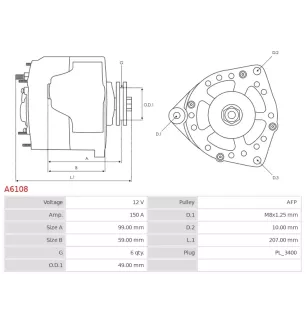 Alternateur 12V 150Amp DELCO DRA1134, DENSO 104210-3180, ISUZU 897371-9571, 8973719571, 8980337860