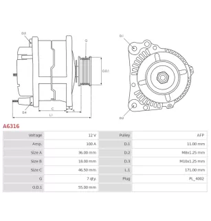 Alternateur 12V 100A Prestolite A6316 UD11500A