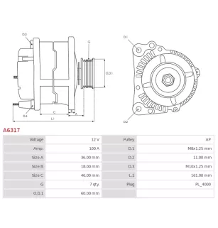 Alternateur 12V 100A Denso A6317 UD11489A