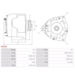 Alternateur 12V 70Amp AS-PL A6109, CARGO 113791, 114023, DELCO DRA0387, DENSO 102211-8560