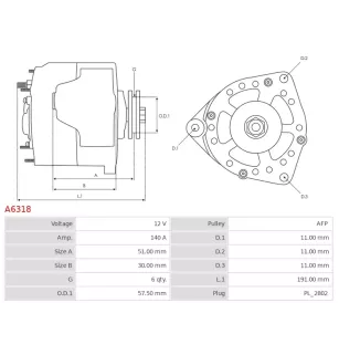 Alternateur 12V 140Amp AS-PL A6318, UD11516A, UD12259A, CARGO 113803, CHRYSLER 04868430AB, 04868430AC, 04868430AD, 04868430AE