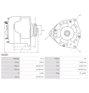 Alternateur 12V 130Amp AS-PL UD11474A, DELCO 12307, 19134441, 94749, DENSO 104210-3090, 104210-3091, 104210-3092