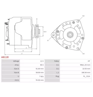 Alternateur 12V 80Amp AS-PL A6118, DENSO 101211-0100, 101211-0510, 101211-5090, 101211-5550