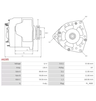 Alternateur 12V 130Amp AS-PL UD11479A, DELCO 12452, 19134506, 94755, DENSO 104210-3380, 104210-5120, TOYOTA 27060-0F040