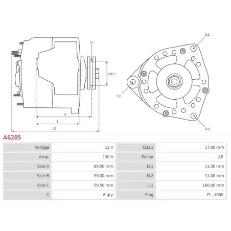 Alternateur 12V 130Amp AS-PL UD11479A, DELCO 12452, 19134506, 94755, DENSO 104210-3380, 104210-5120, TOYOTA 27060-0F040