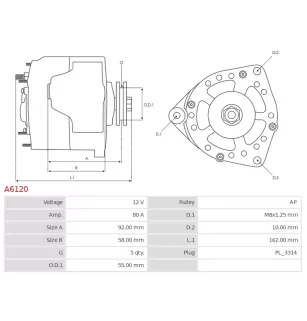 Alternateur 12V 80Amp AS-PL A6120, BOSCH 0123325000, 0123325003, 0123325013, 0986040960