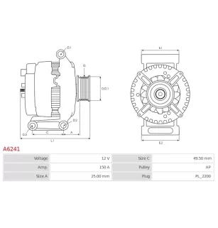 Alternateur 12V 150Amp AS-PL UD11374A, DELCO 10396863, 12846, DENSO 104210-5390, TOYOTA 2706050390, CASCO CAL40A35AS