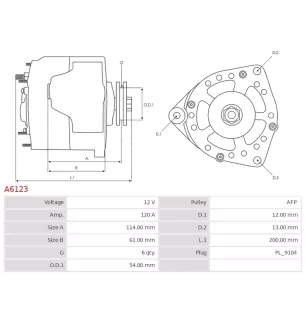 Alternateur 12V 120Amp AS-PL A6123, UD13927A, CARGO 115932, CHRYSLER 52003616, DENSO 101210-1640