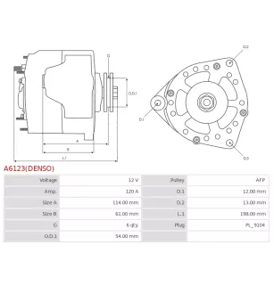 Alternateur 12V 120Amp CARGO 115932, CHRYSLER 52003616, DENSO 101210-1640, DAN1066, FIAT 0000051884886