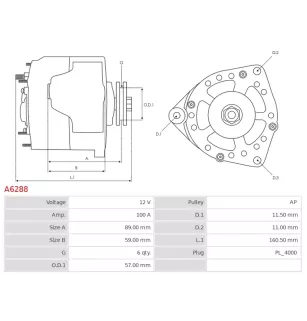 Alternateur 12V 100Amp AS-PL UD11485A, DELCO 12777, 12816, DENSO 104210-3680, 104210-5110, TOYOTA 27060-0F060, 27060-0F080