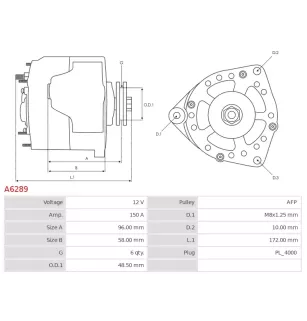 Alternateur 12V 150Amp AS-PL UD11488A, CARGO 115704, DELCO DRA0789, DENSO 104210-3870, 104210-3871, RENAULT 7701057807