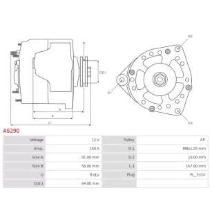Alternateur 12V 150A John Deere A6290 UD11490A