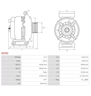 Alternateur 12V 150Amp AS-PL A6292, DELCO 12734, DENSO 104210-4050, 104210-4051, FORD 30667051, 3M5T-10300-UA, VOLVO 30667051A