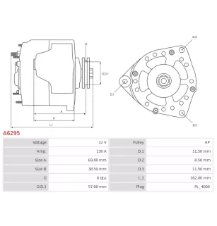 Alternateur 12V 130Amp AS-PL UD11497A, DELCO 12455, 94743, DENSO 104210-4510, 104210-4511, TOYOTA 27060-50360, 270605036084