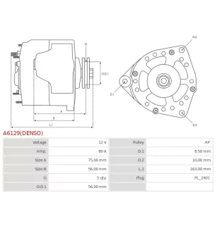 Alternateur 12V 80Amp CARGO 113404, DENSO DAN1063, HELLA 8EL012240-711, MAGNETI MARELLI 63321740, PEUGEOT 1648222980