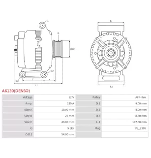 Alternateur 12V 80Amp CARGO 113404, DENSO DAN1063, HELLA 8EL012240-711, MAGNETI MARELLI 63321740, PEUGEOT 1648222980