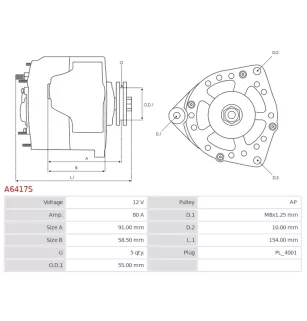 Alternateur 12V 80Amp AS-PL A6417S, UD14237A, CARGO 114881, DENSO 102211-9260, DAN1357, MITSUBISHI A005TG0291, A5TG0291