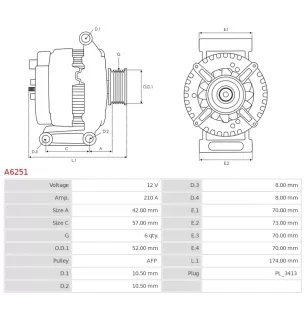 Alternateur 12V 210Amp AS-PL A6251, UD11401A, CARGO 115701, CHEVROLET 04727866AB, 4727866AB, 4727866AF, K04727866AB