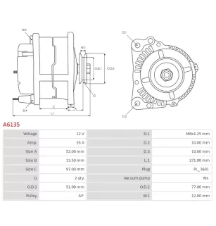 Alternateur 12V 55Amp AS-PL A6135, BOSCH 0986049840, CARGO 111483, DAIHATSU 270205440084, DENSO 10021-03350