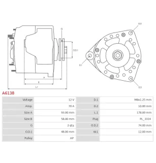 Alternateur 12V 70Amp AS-PL A6138, CARGO 112063, DELCO DRB5891, RAA26902, DENSO 101211-0480