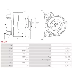 Alternateur 12V 55Amp AS-PL A6139, BOSCH 0986049840, CARGO 111483, DAIHATSU 270205440084, DENSO 10021-03350