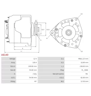 Alternateur 12V 120Amp AS-PL A6140, DENSO 100213-3041, TOYOTA 27040-54670