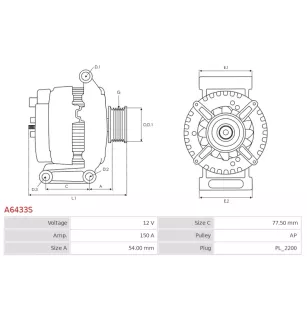 Alternateur 12V 150Amp AS-PL UD14164A, DELCO 10335498, 12780, DENSO 021080-0170, 104210-4560, DIXIE A-80192, EAA EAA-223428