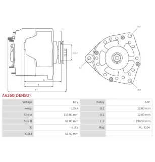 Alternateur 12V 105Amp AS-PL UD804964(DENSO)A, BOSCH 0986048791, 0986048793, CARGO 113955, 114801, DELCO DA5375, DRA4265