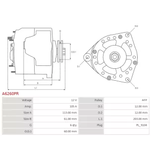 Alternateur 12V 105Amp BOSCH 0986048791, 0986048793, CARGO 113955