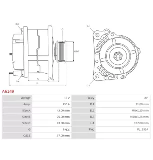 Alternateur 12V 130A Denso A6149 UD01161A