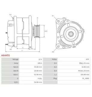 Alternateur 12V 100Amp AS-PL UD14250A, DENSO 104210-1461, 104210-1464, PRESTOLITE A1041D, TOYOTA 27060-0T130, DIXIE A-80541