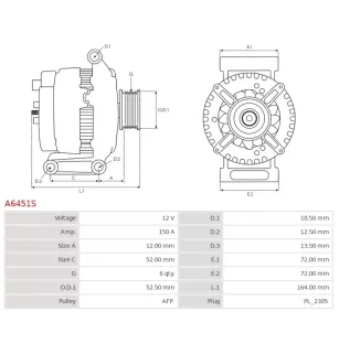Alternateur 12V 150Amp AS-PL A6451S, UD14253A, BOSCH 0986UR6176, DELCO 23025, DENSO 104210-2330, FORD CJ5T-10300-BB