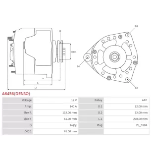 Alternateur 12V 140Amp AS-PL UD804929(DENSO)A, BOSCH 0986082620, CARGO 113996, DENSO 101210-0990, 102211-8270