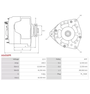 Alternateur 12V 140Amp BOSCH 0986082620, CARGO 113996, DENSO 101210-0990, 102211-8270, DAN1062