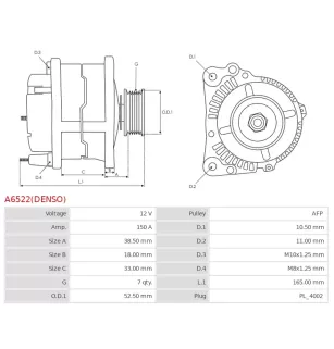 Alternateur 12V 150Amp AS-PL UD810256(DENSO)A, CARGO 116469
