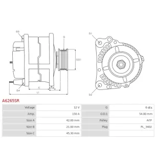 Alternateur 12V 150Amp BOSCH 0986049071, CARGO 113849, 116294, F032113849, F032116294, DENSO 104210-2710, 104210-3520