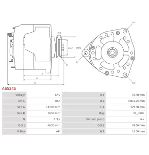 Alternateur 12V 70Amp AS-PL A6524S, UD14313A, CARGO 111605, DELCO DA4456, DA4614, DRA3346, DRA3504, DRA3504N, DENSO 100211-5090