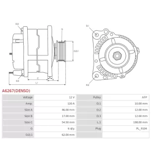 Alternateur 12V 120Amp AS-PL A6267(DENSO), UD804958(DENSO)A, CARGO 113336, DELCO DRA4075, DENSO 101210-1870, DAN502