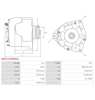 Alternateur 12V 100Amp AS-PL UD810252(DENSO)A, BOSCH 986082010, CARGO 113969, DELCO DRA0246, DENSO 104210-3410, 104210-3411