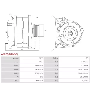 Alternateur 12V 70Amp AS-PL A6268(DENSO), UD11969(DENSO)A, BOSCH 0986083580, CARGO 114249, DELCO DRA0484, DRA0484X