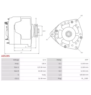 Alternateur 12V 150A Denso A6528S UD14846A